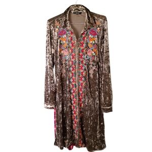 Madison Taupe Crushed Velvet Embroidered Floral Plaid Back Button Down Tunic S